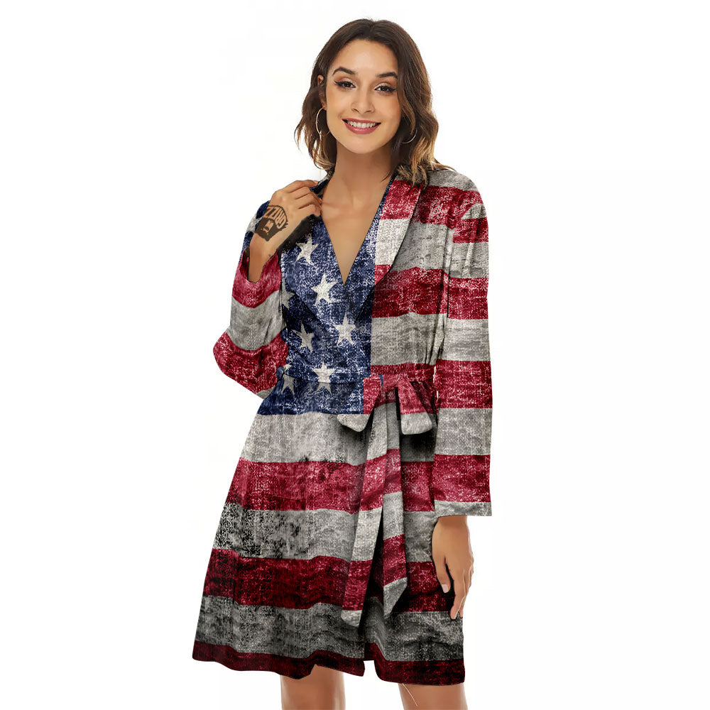American Flag Grunge Print Women's Robe-grizzshop