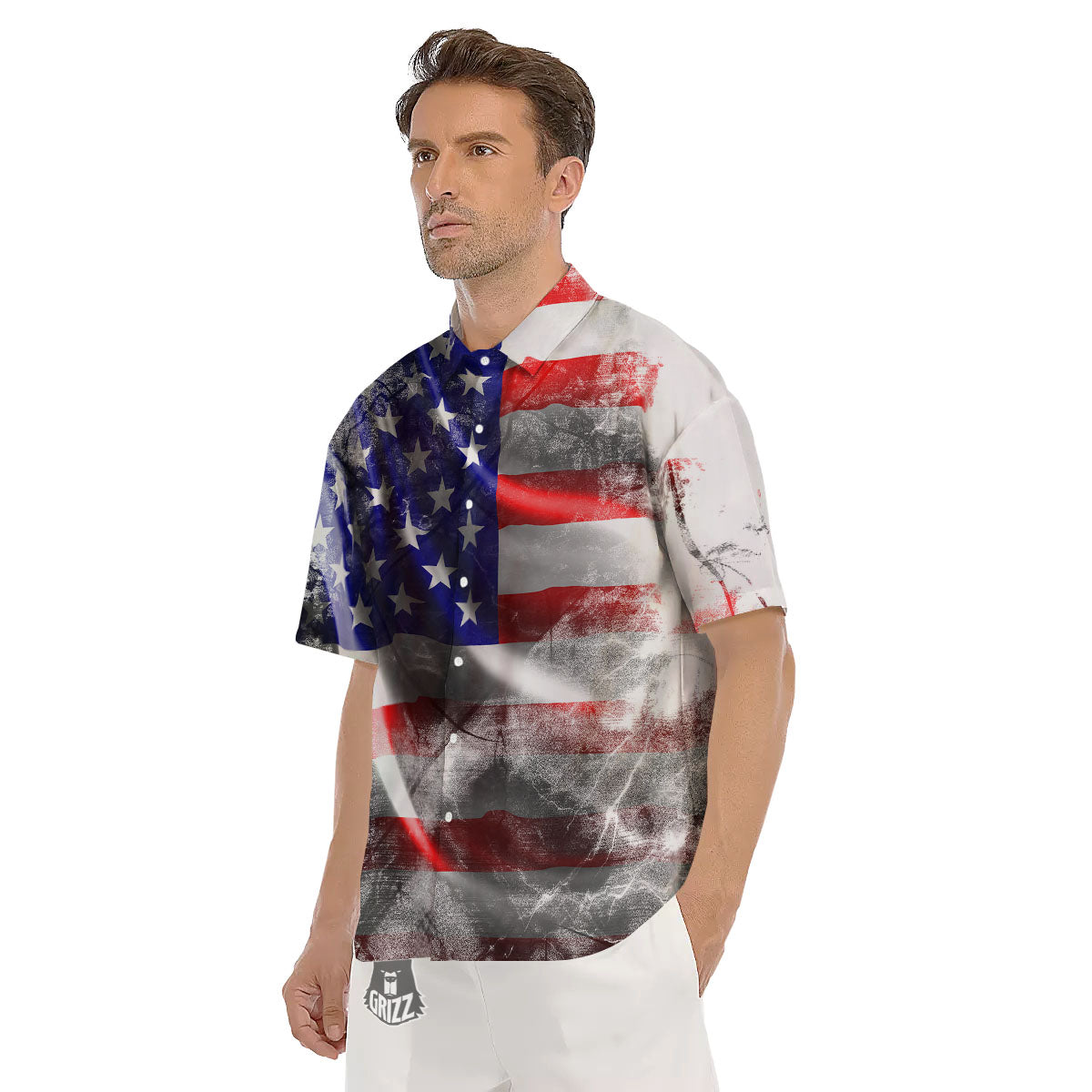 American Flag Grunge Ripped Paper Print Men's Short Sleeve Shirts-grizzshop