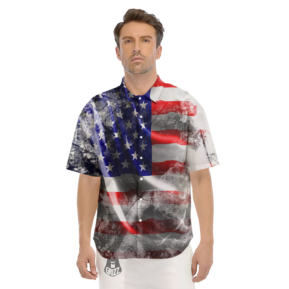 American Flag Grunge Ripped Paper Print Men's Short Sleeve Shirts-grizzshop