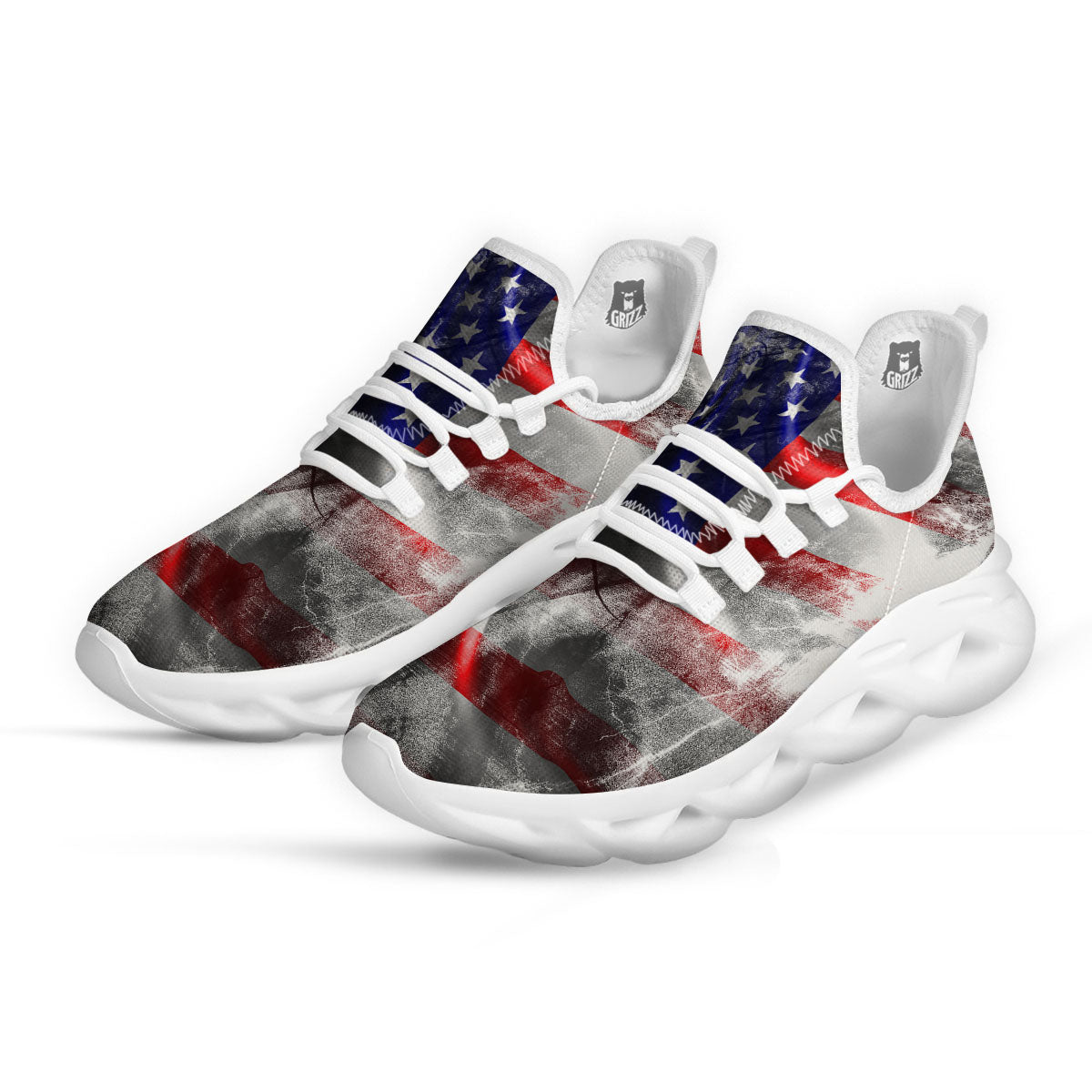 American Flag Grunge Ripped Paper Print White Running Shoes-grizzshop