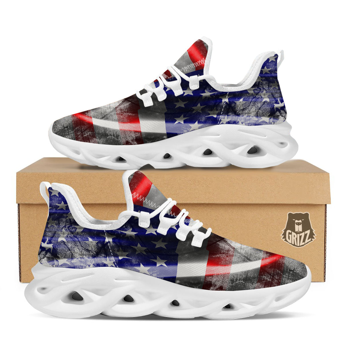 American Flag Grunge Ripped Paper Print White Running Shoes-grizzshop