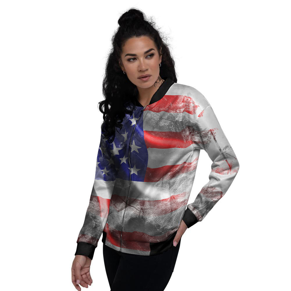 American Flag Grunge Ripped Paper Print Women's Bomber Jacket-grizzshop