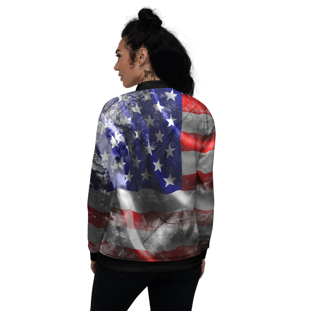 American Flag Grunge Ripped Paper Print Women's Bomber Jacket-grizzshop