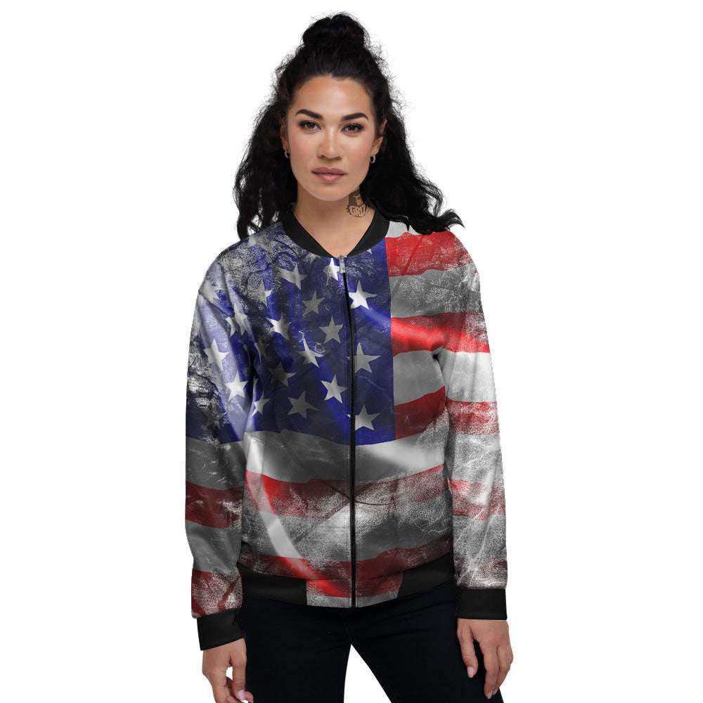 American Flag Grunge Ripped Paper Print Women's Bomber Jacket-grizzshop