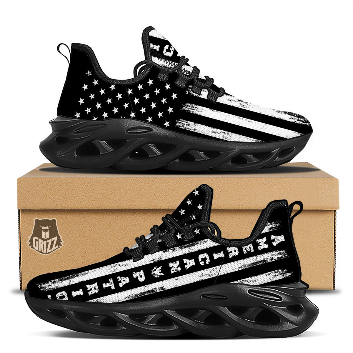 American Flag Grunge White And Black Print Black Running Shoes-grizzshop