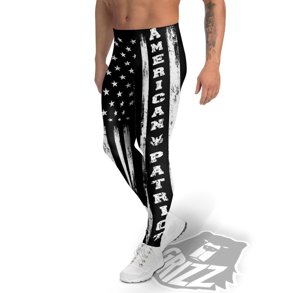 American Flag Grunge White And Black Print Men's Leggings-grizzshop