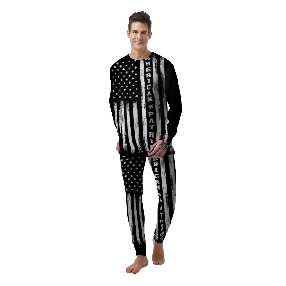 American Flag Grunge White And Black Print Men's Pajamas-grizzshop