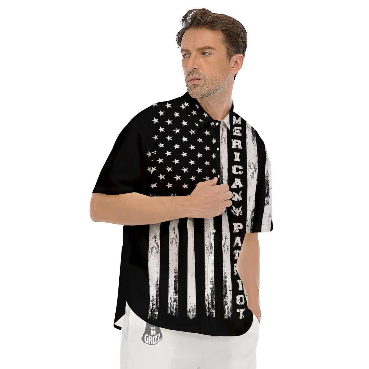 American Flag Grunge White And Black Print Men's Short Sleeve Shirts-grizzshop