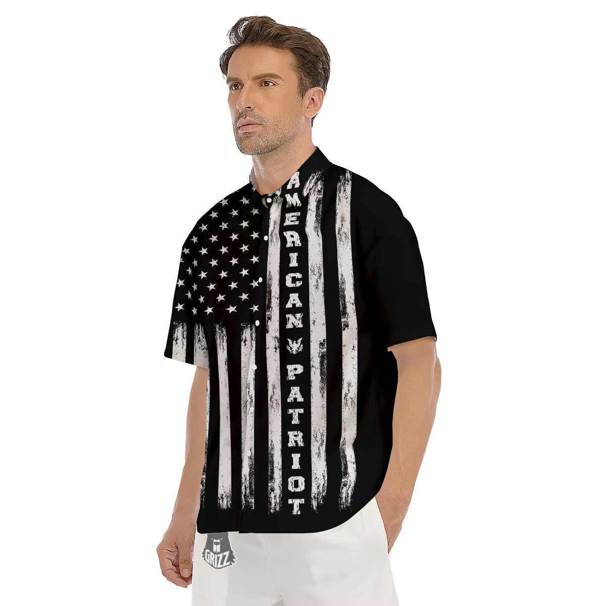 American Flag Grunge White And Black Print Men's Short Sleeve Shirts-grizzshop