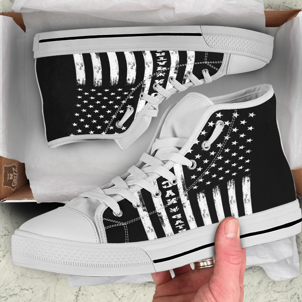 American Flag Grunge White And Black Print White High Top Shoes-grizzshop