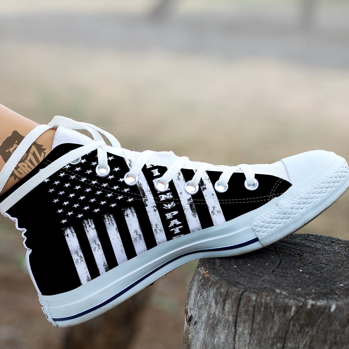 American Flag Grunge White And Black Print White High Top Shoes-grizzshop