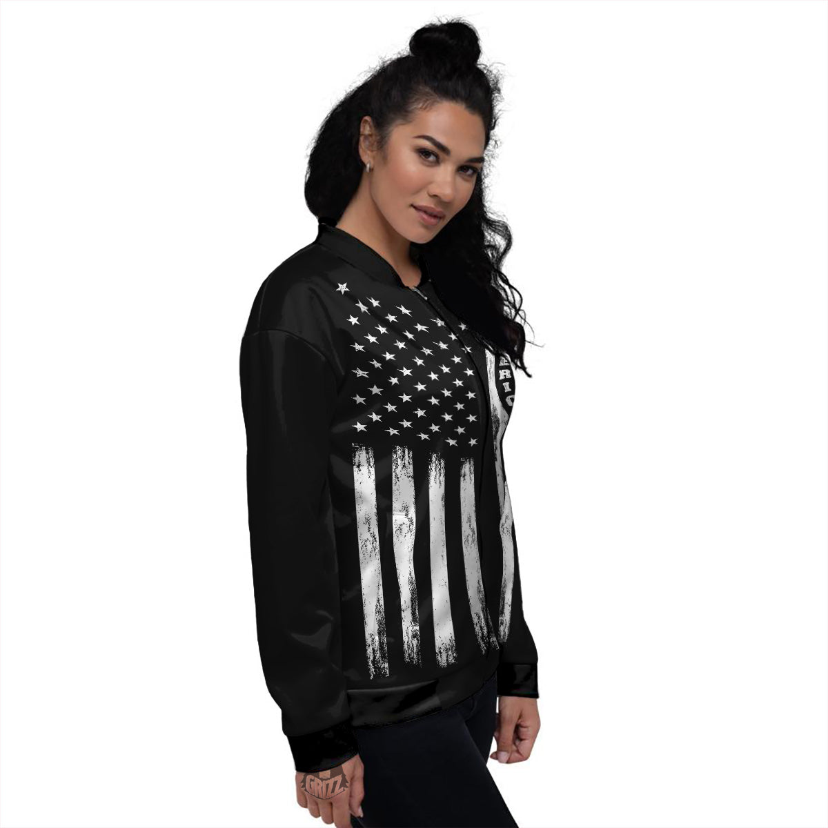 American Flag Grunge White And Black Print Women's Bomber Jacket-grizzshop