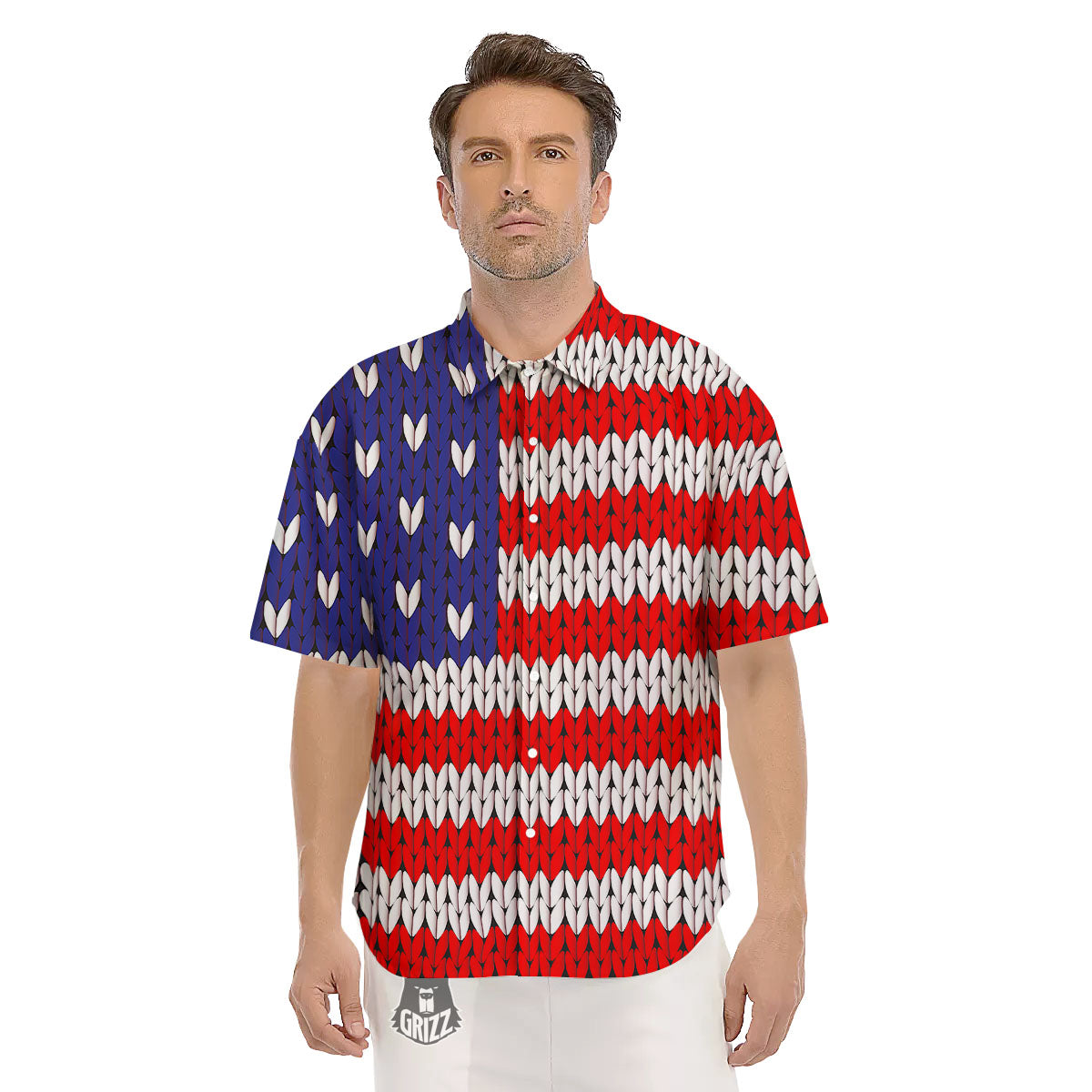 American Flag Knitted Print Men's Short Sleeve Shirts-grizzshop