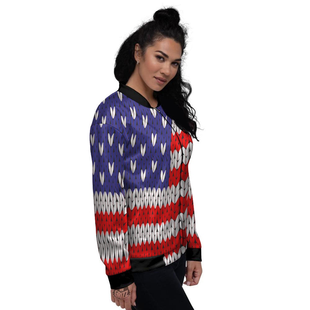 American Flag Knitted Print Women's Bomber Jacket-grizzshop