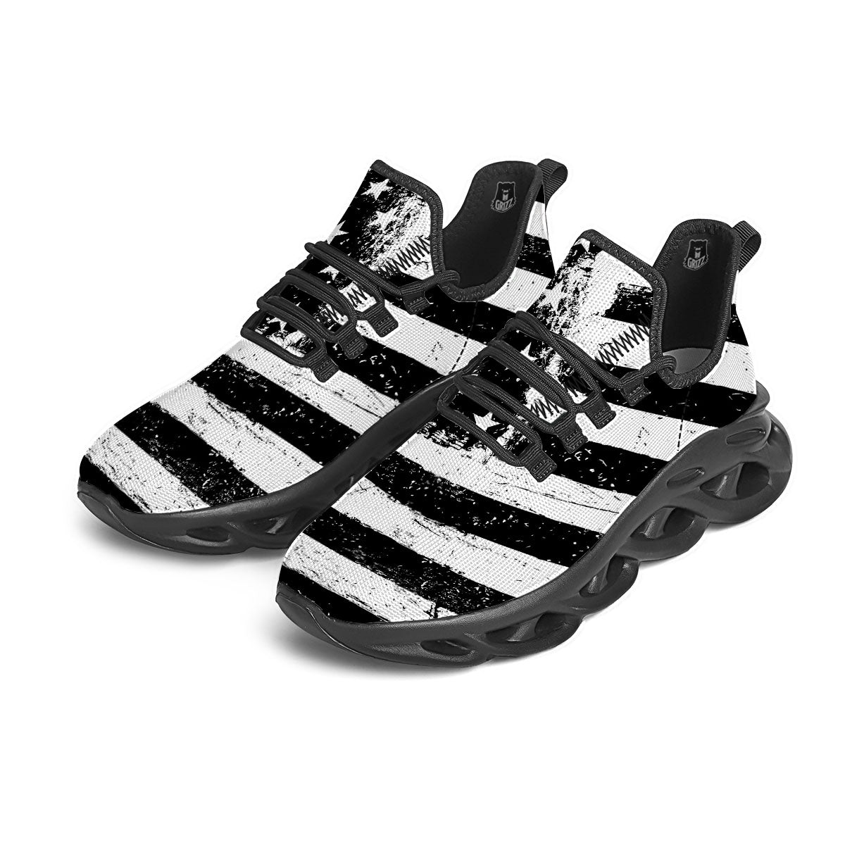 American Flag Monochrome Grunge Print Black Running Shoes-grizzshop