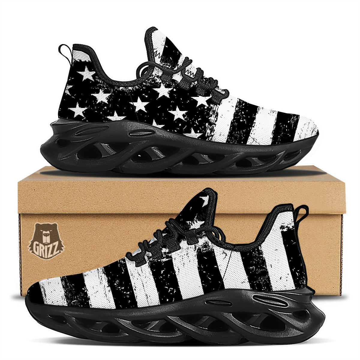 American Flag Monochrome Grunge Print Black Running Shoes-grizzshop