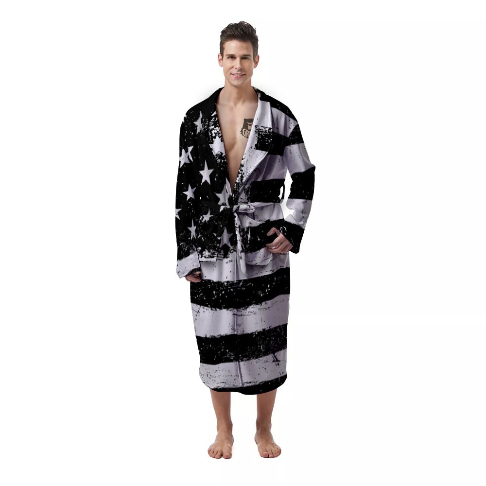 American Flag Monochrome Grunge Print Men's Robe-grizzshop