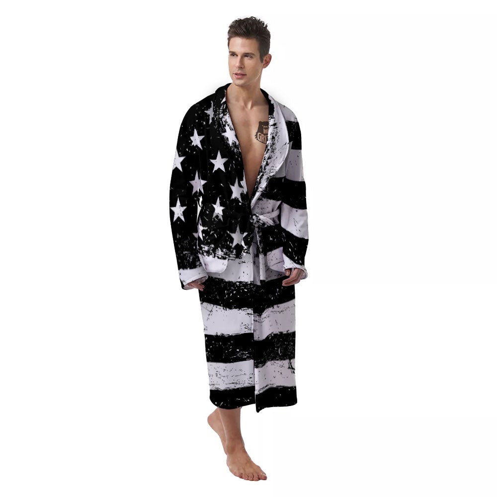 American Flag Monochrome Grunge Print Men's Robe-grizzshop