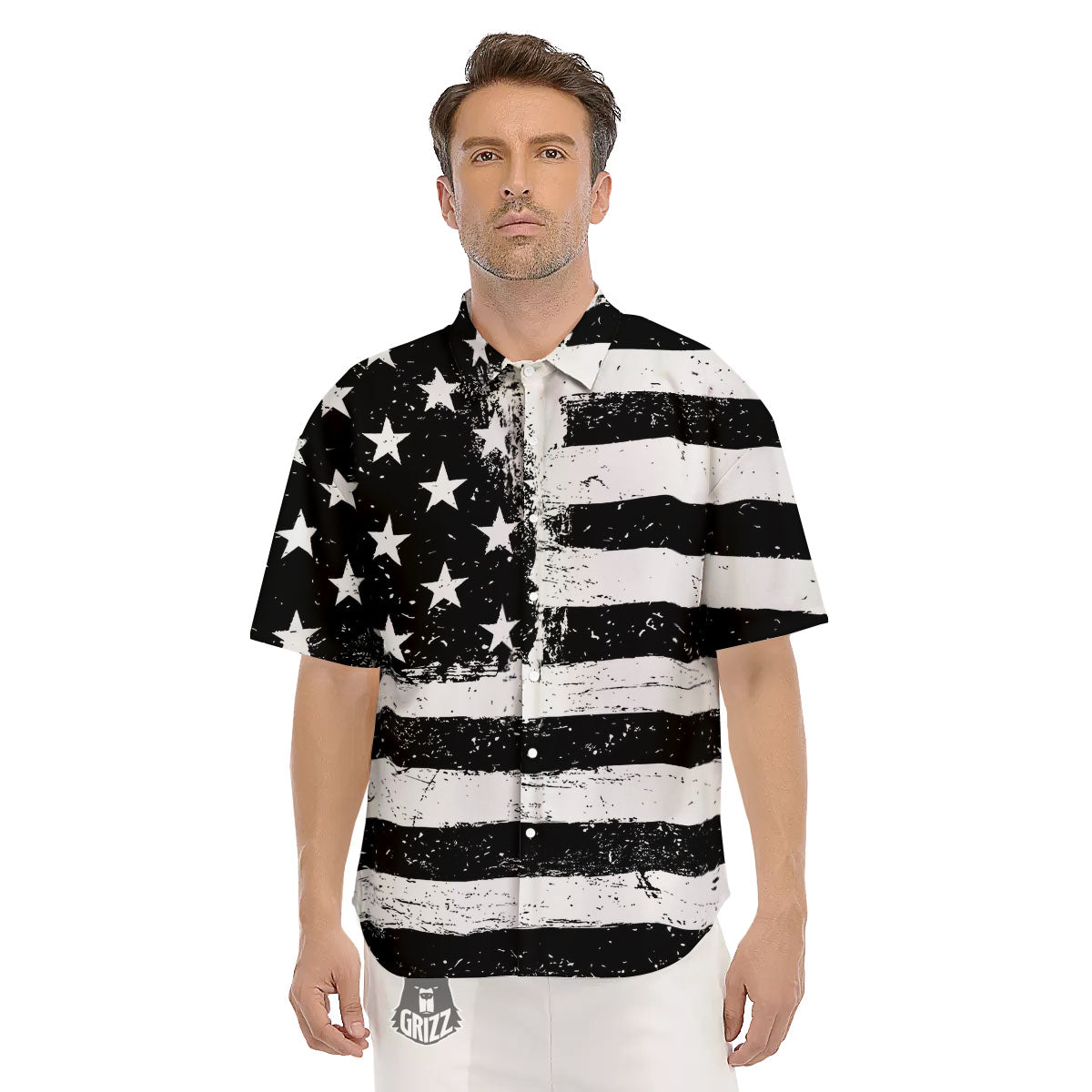 American Flag Monochrome Grunge Print Men's Short Sleeve Shirts-grizzshop