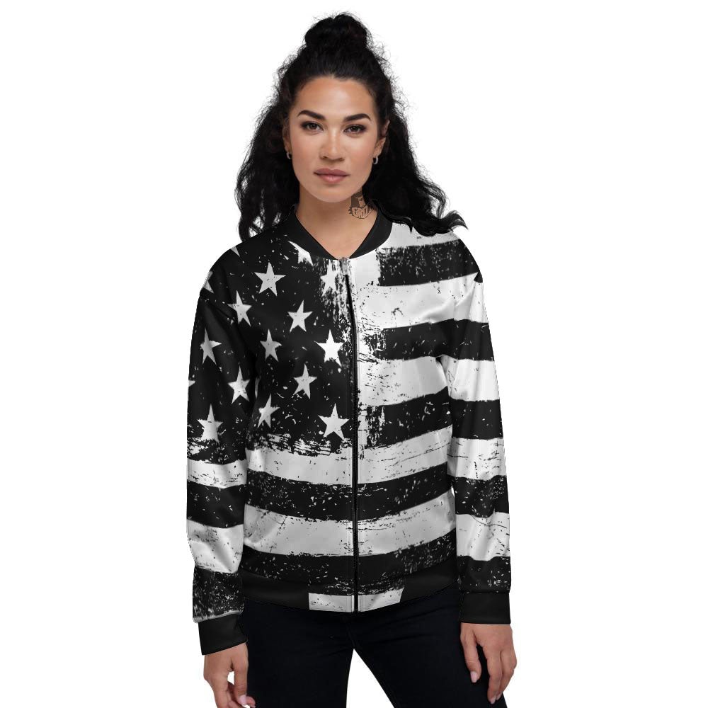 American Flag Monochrome Grunge Print Women's Bomber Jacket-grizzshop