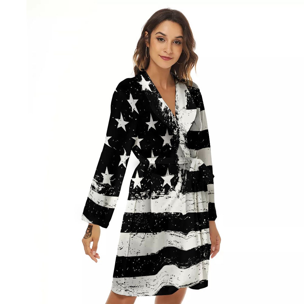 American Flag Monochrome Grunge Print Women's Robe-grizzshop