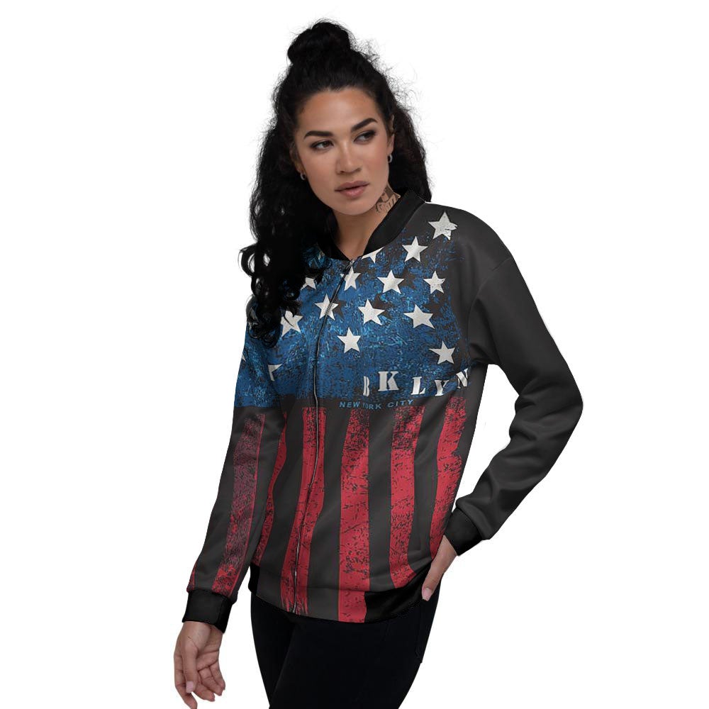 American Flag Vintage Print Women's Bomber Jacket-grizzshop