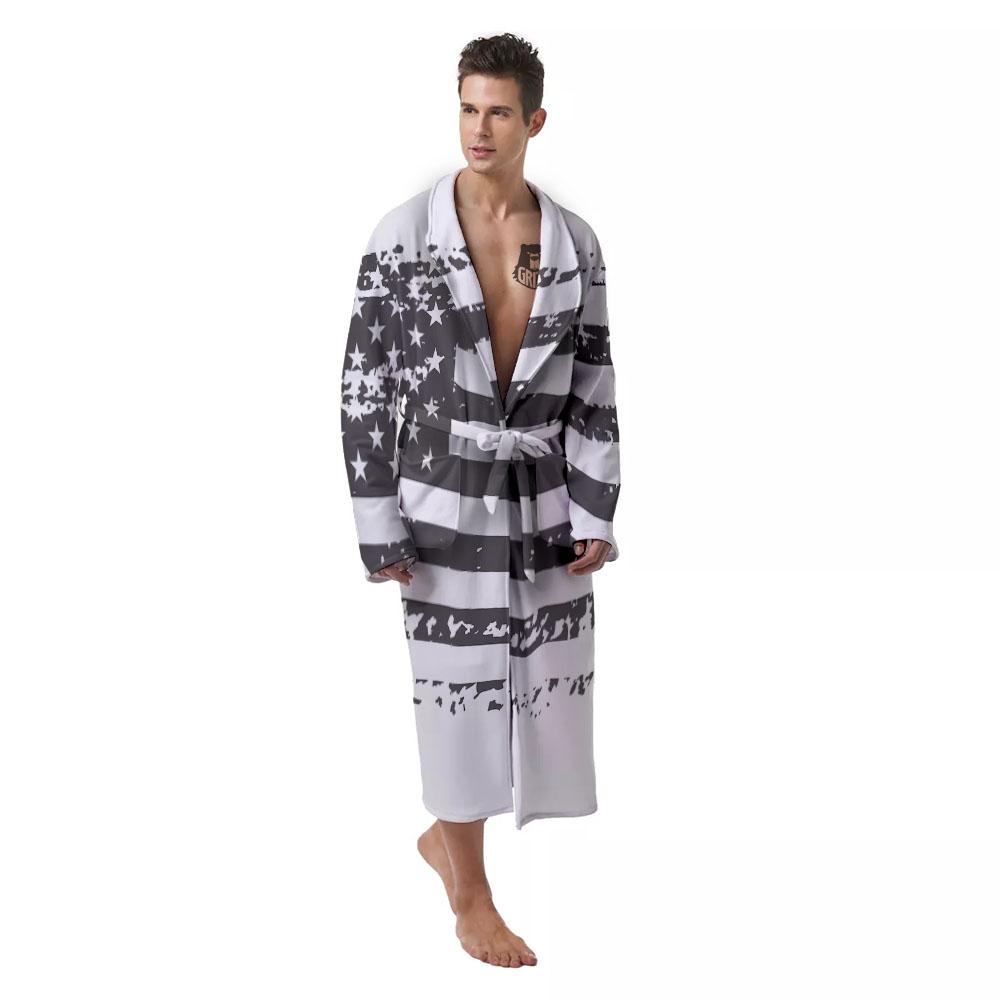 American Flag White And Black Print Men's Robe-grizzshop