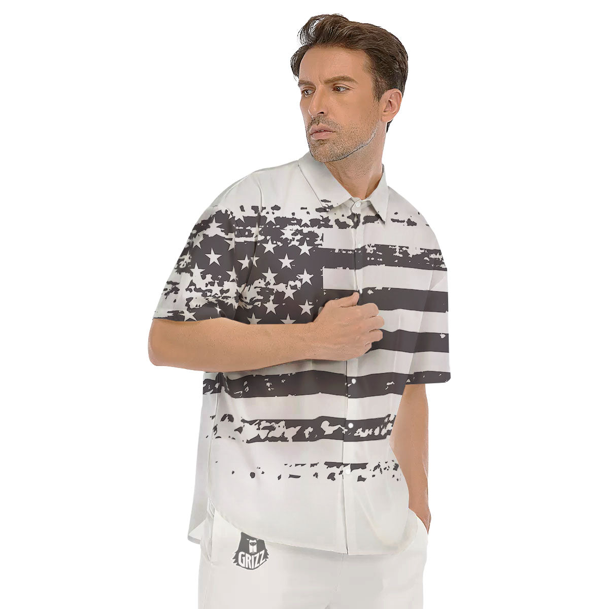 American Flag White And Black Print Men's Short Sleeve Shirts-grizzshop