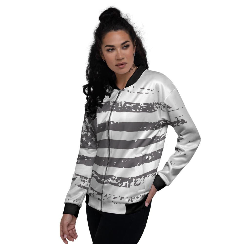 American Flag White And Black Print Women's Bomber Jacket-grizzshop