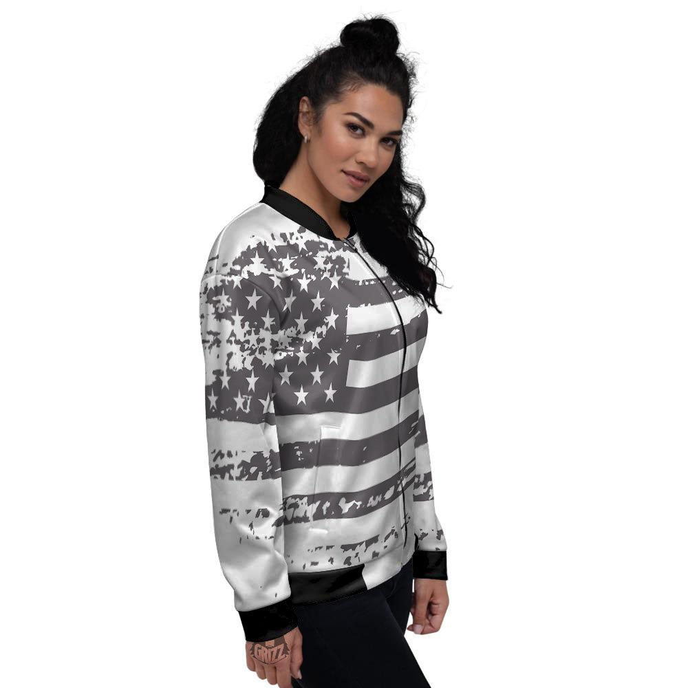 American Flag White And Black Print Women's Bomber Jacket-grizzshop