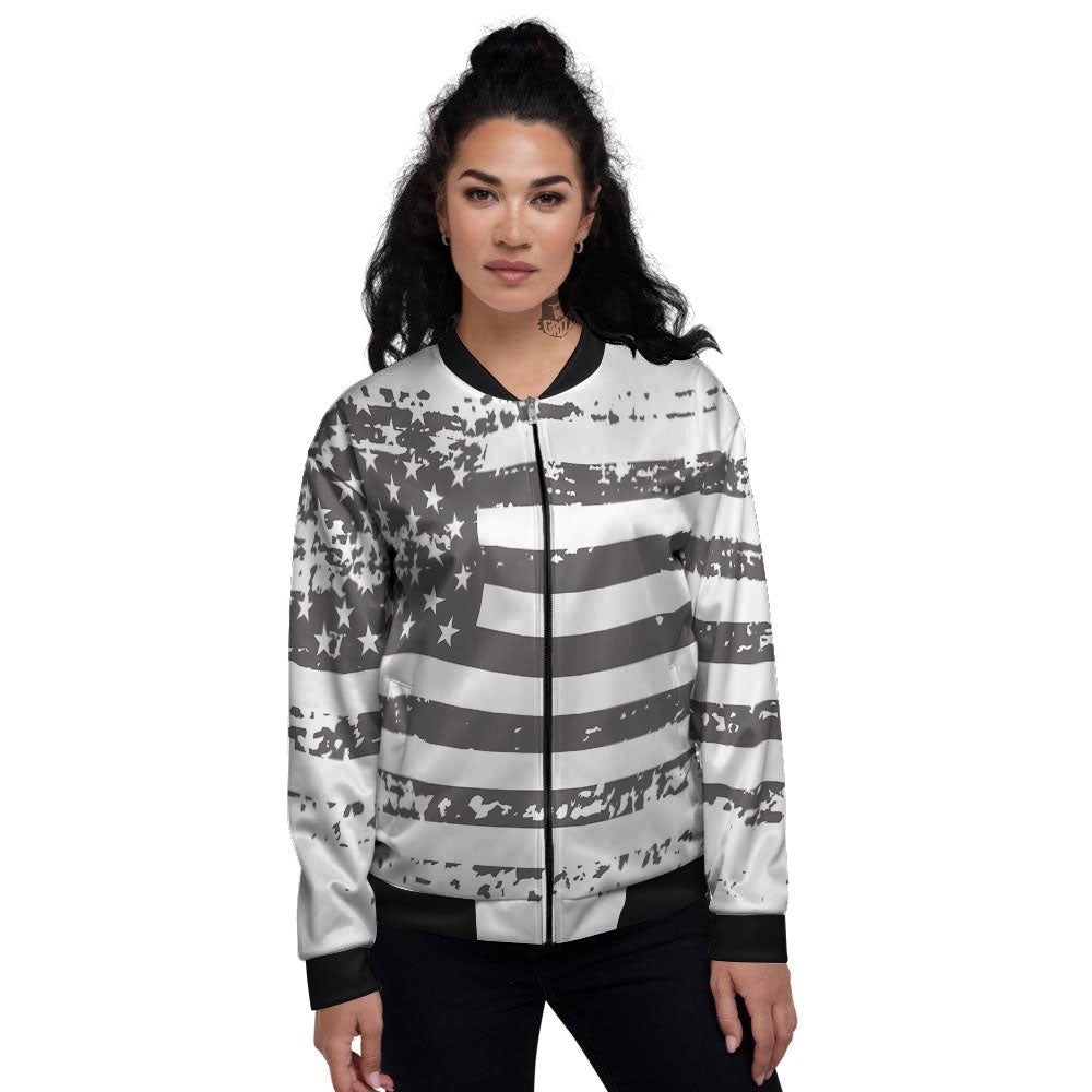 American Flag White And Black Print Women's Bomber Jacket-grizzshop