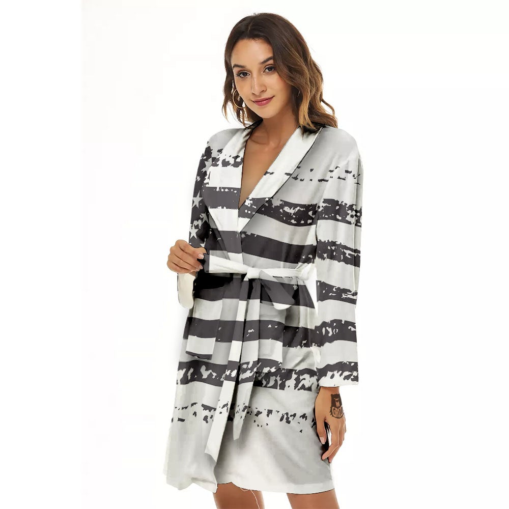 American Flag White And Black Print Women's Robe-grizzshop