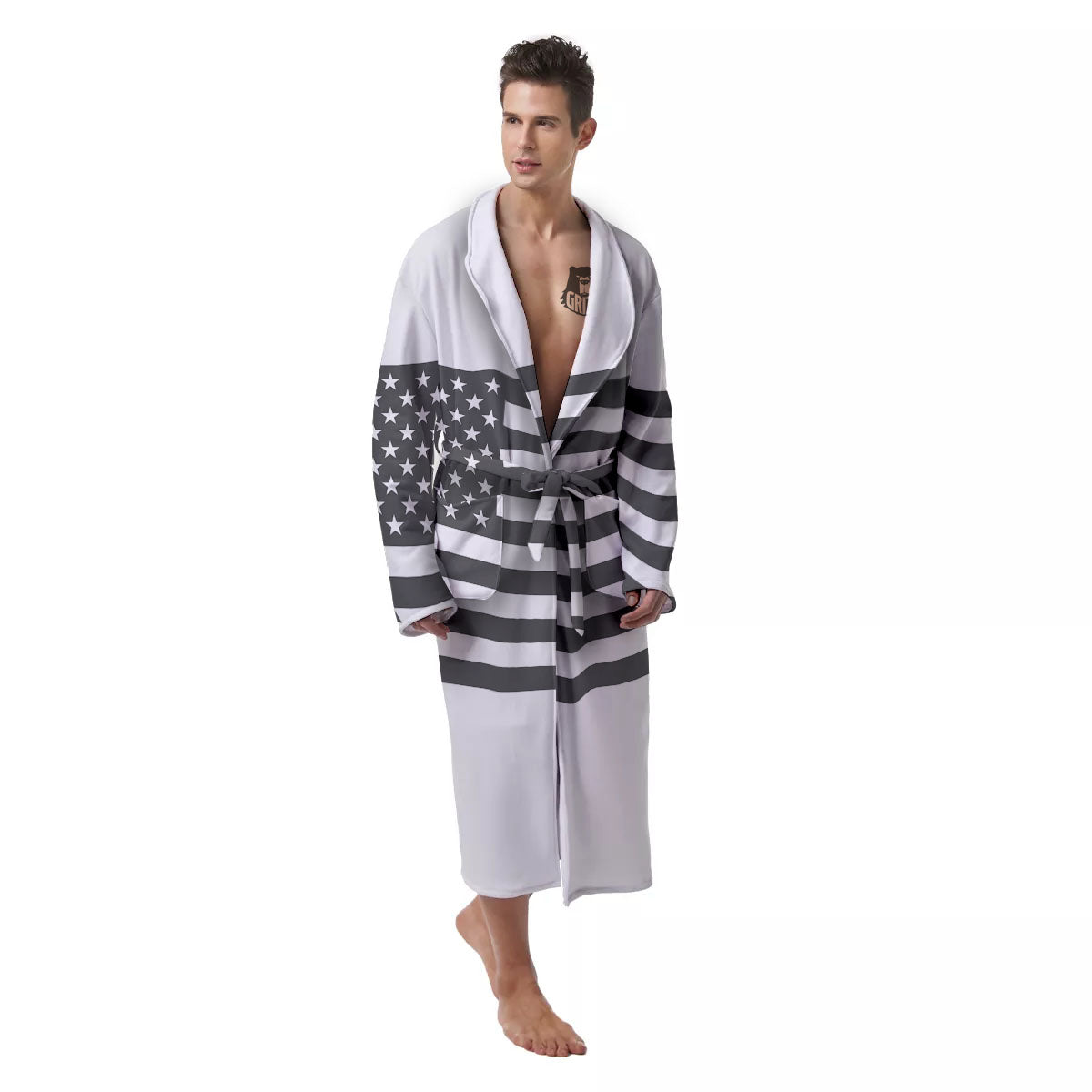 American Flag White And Grey Print Men's Robe-grizzshop