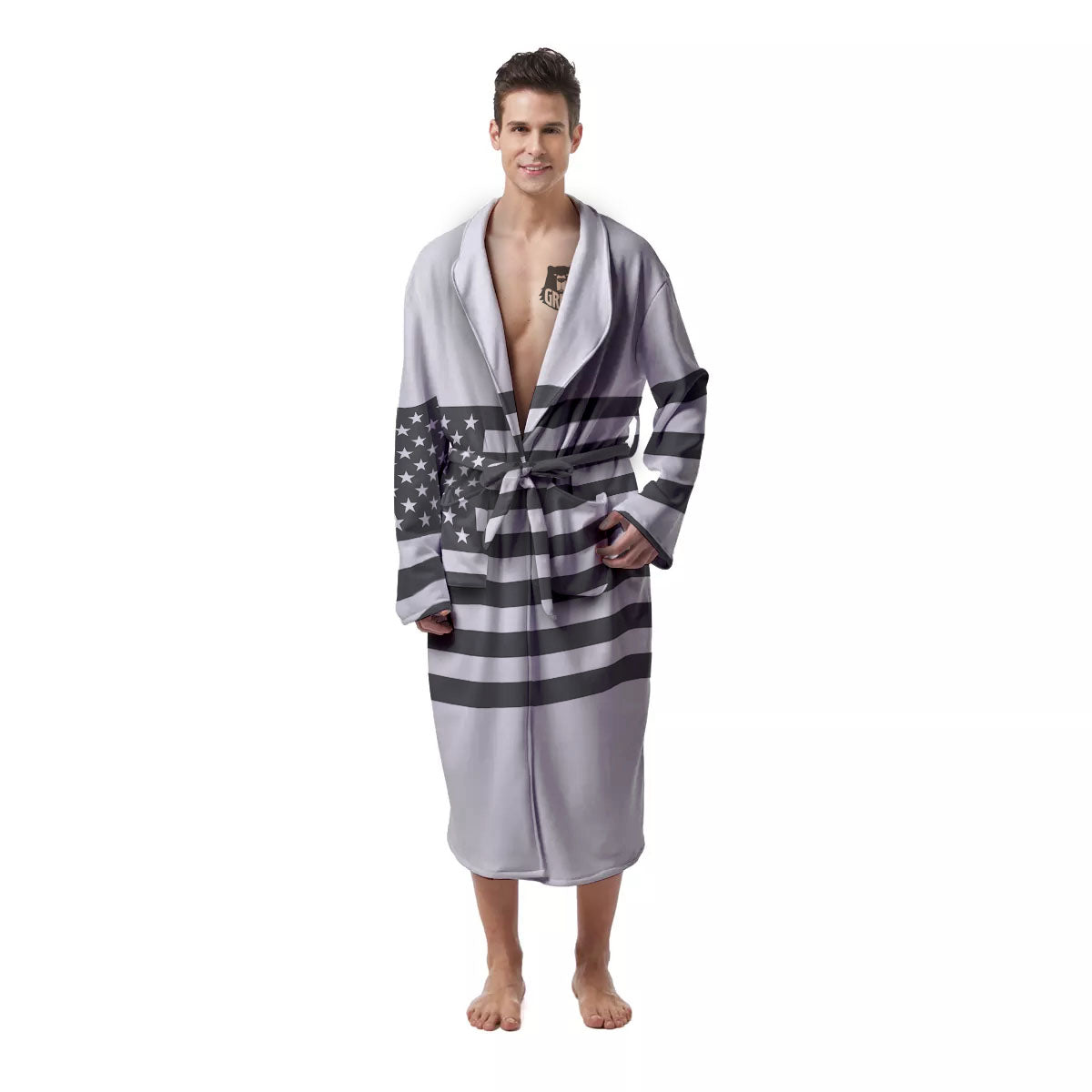 American Flag White And Grey Print Men's Robe-grizzshop