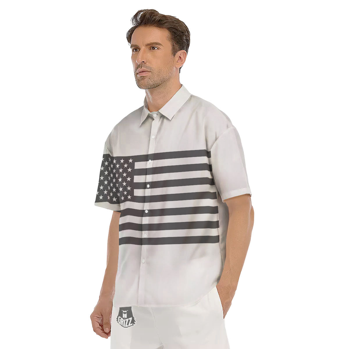 American Flag White And Grey Print Men's Short Sleeve Shirts-grizzshop