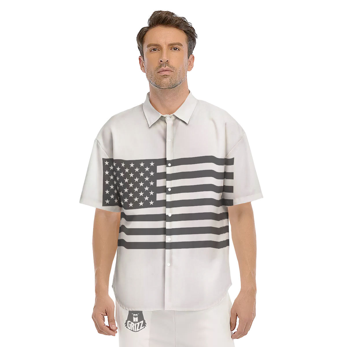 American Flag White And Grey Print Men's Short Sleeve Shirts-grizzshop