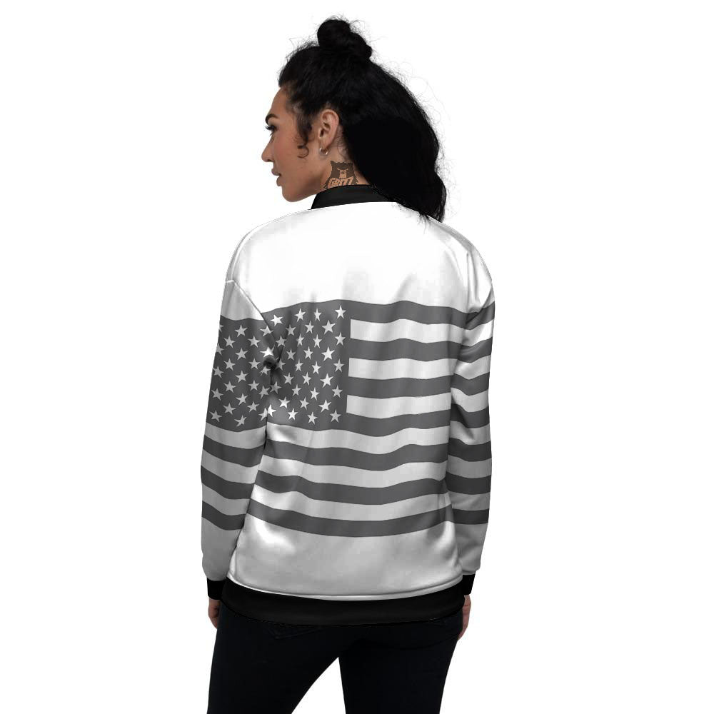 American Flag White And Grey Print Women's Bomber Jacket-grizzshop