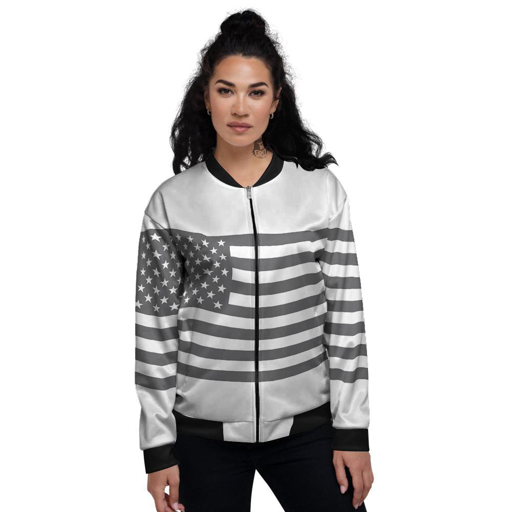 American Flag White And Grey Print Women's Bomber Jacket-grizzshop