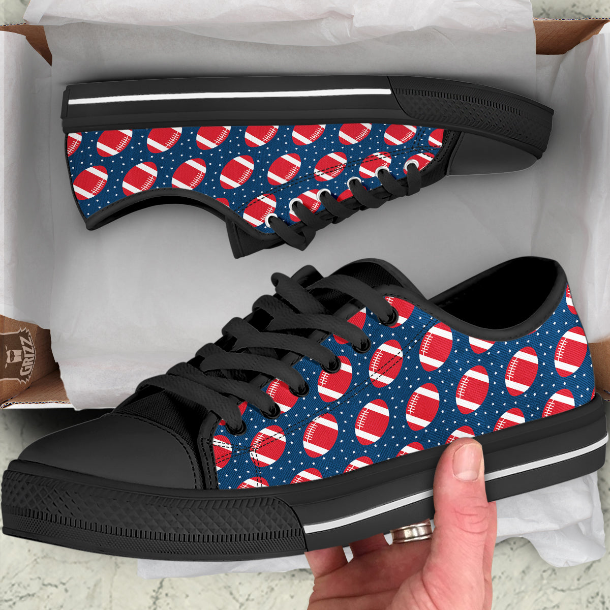 American Football Ball Print Pattern Black Low Top Shoes-grizzshop