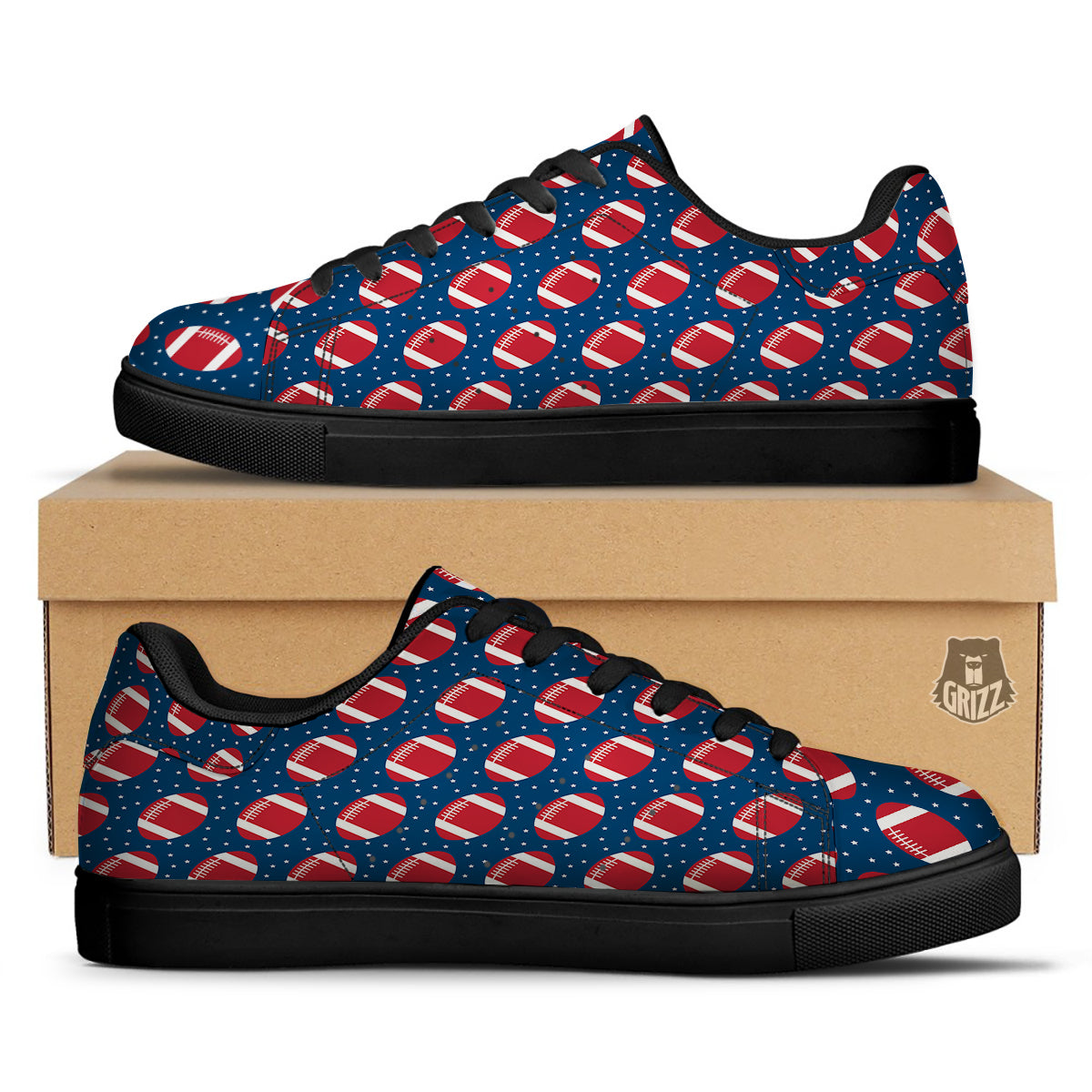 American Football Ball Print Pattern Black Low Top Sneakers-grizzshop