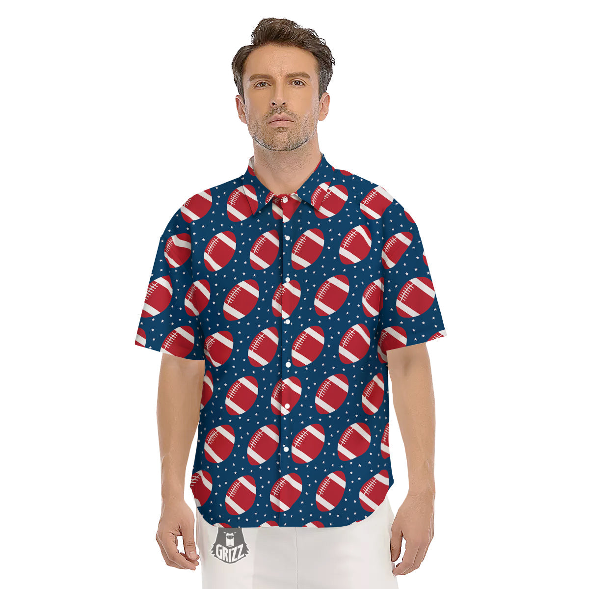 American Football Ball Print Pattern Men's Short Sleeve Shirts-grizzshop