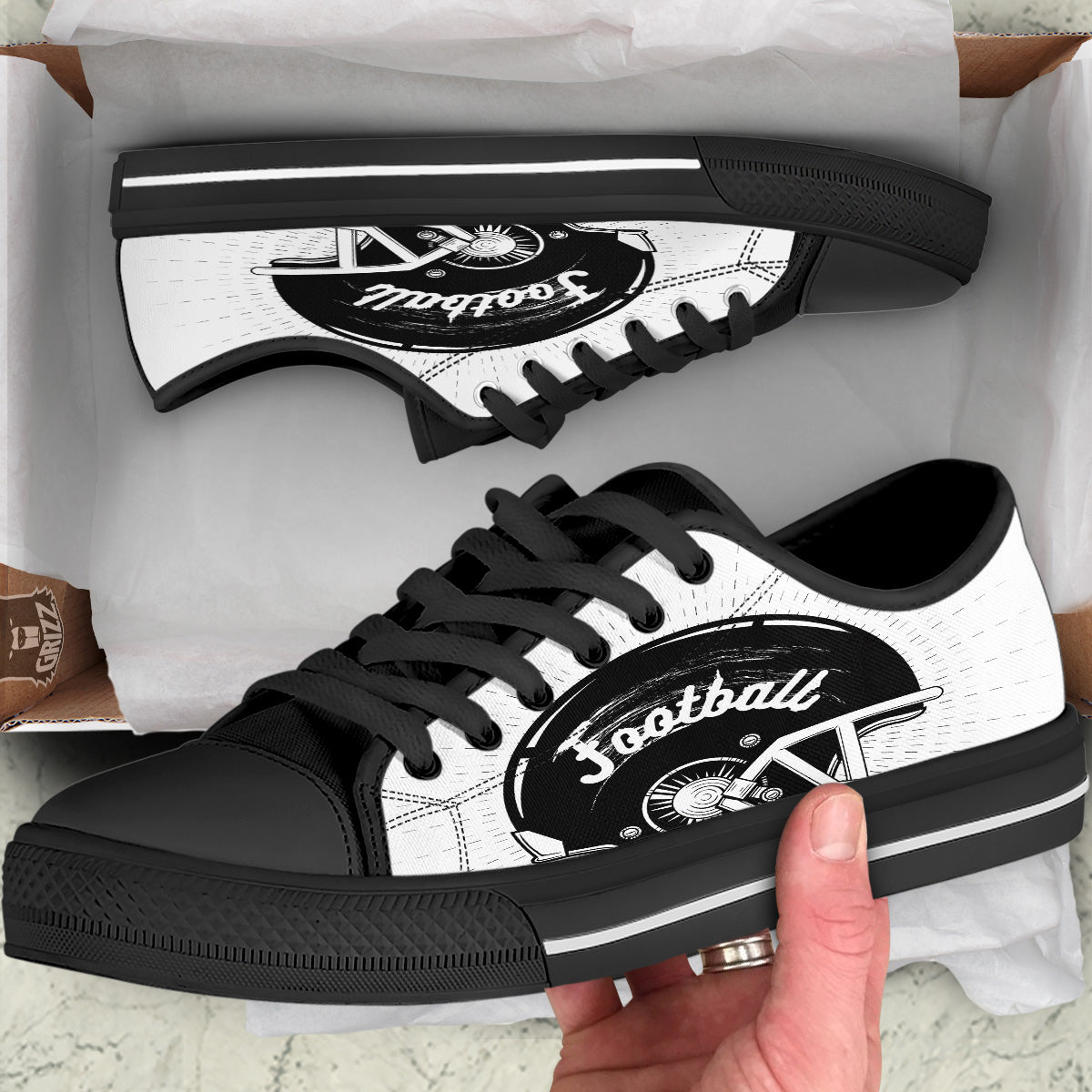 American Football White And Black Print Black Low Top Shoes-grizzshop