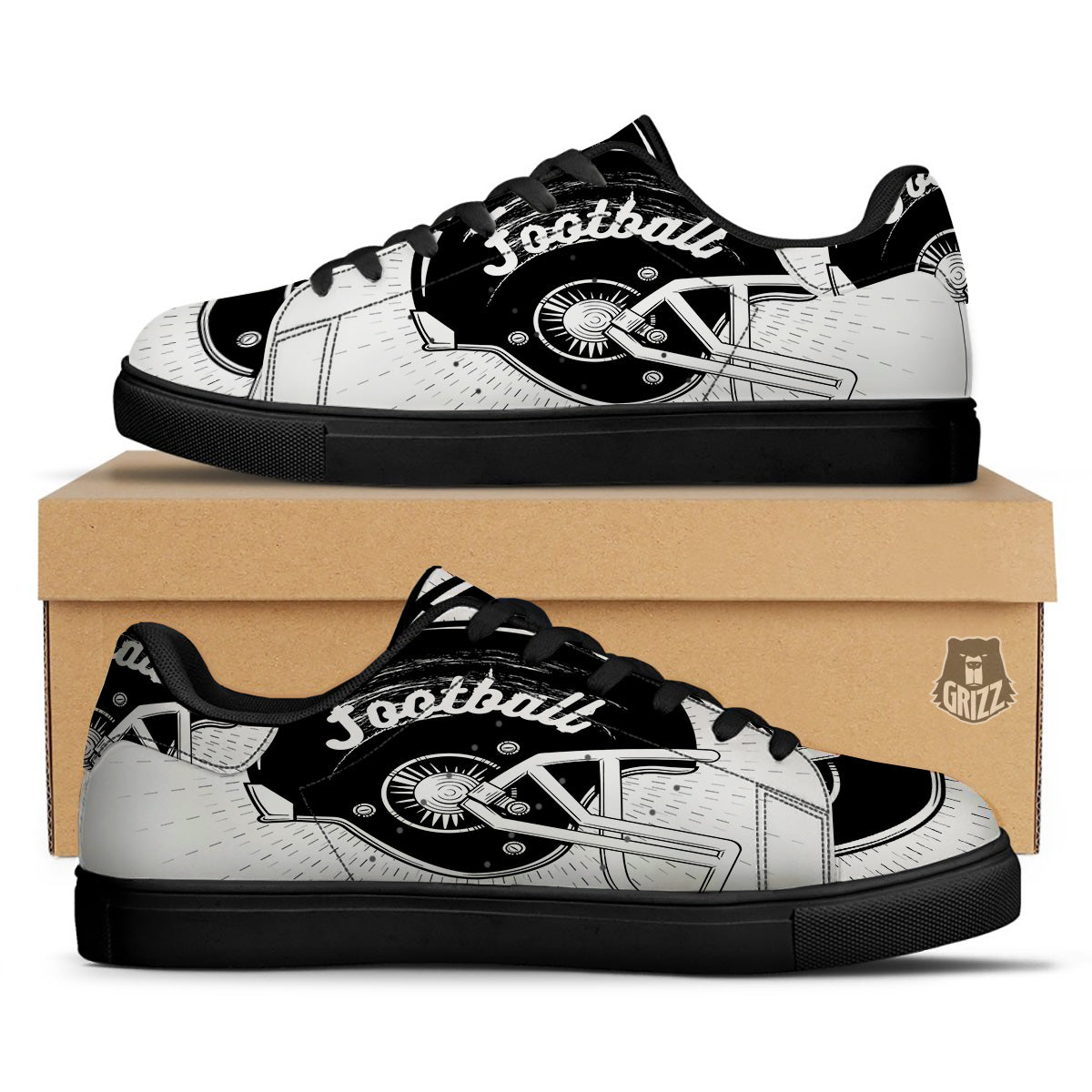 American Football White And Black Print Black Low Top Sneakers-grizzshop