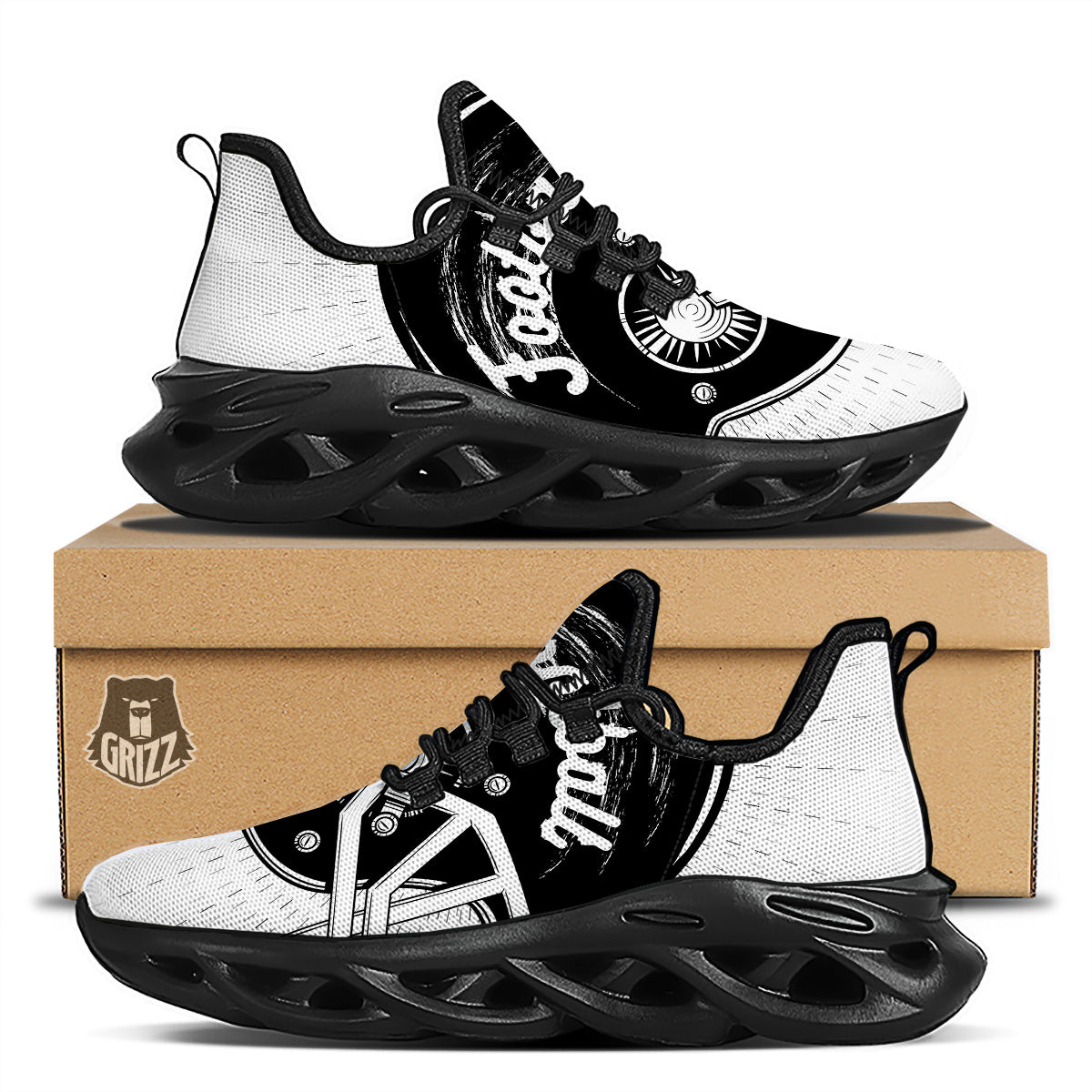American Football White And Black Print Black Running Shoes-grizzshop