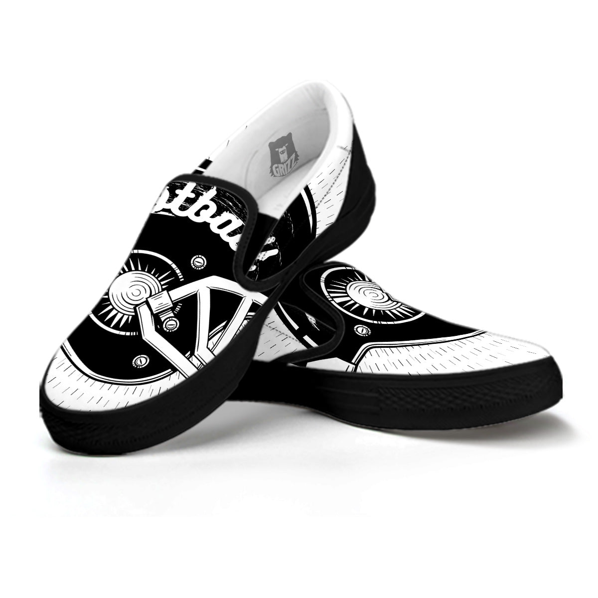 American Football White And Black Print Black Slip On Shoes-grizzshop