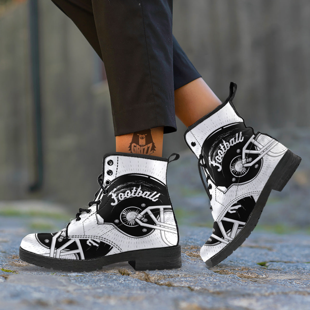 American Football White And Black Print Leather Boots-grizzshop