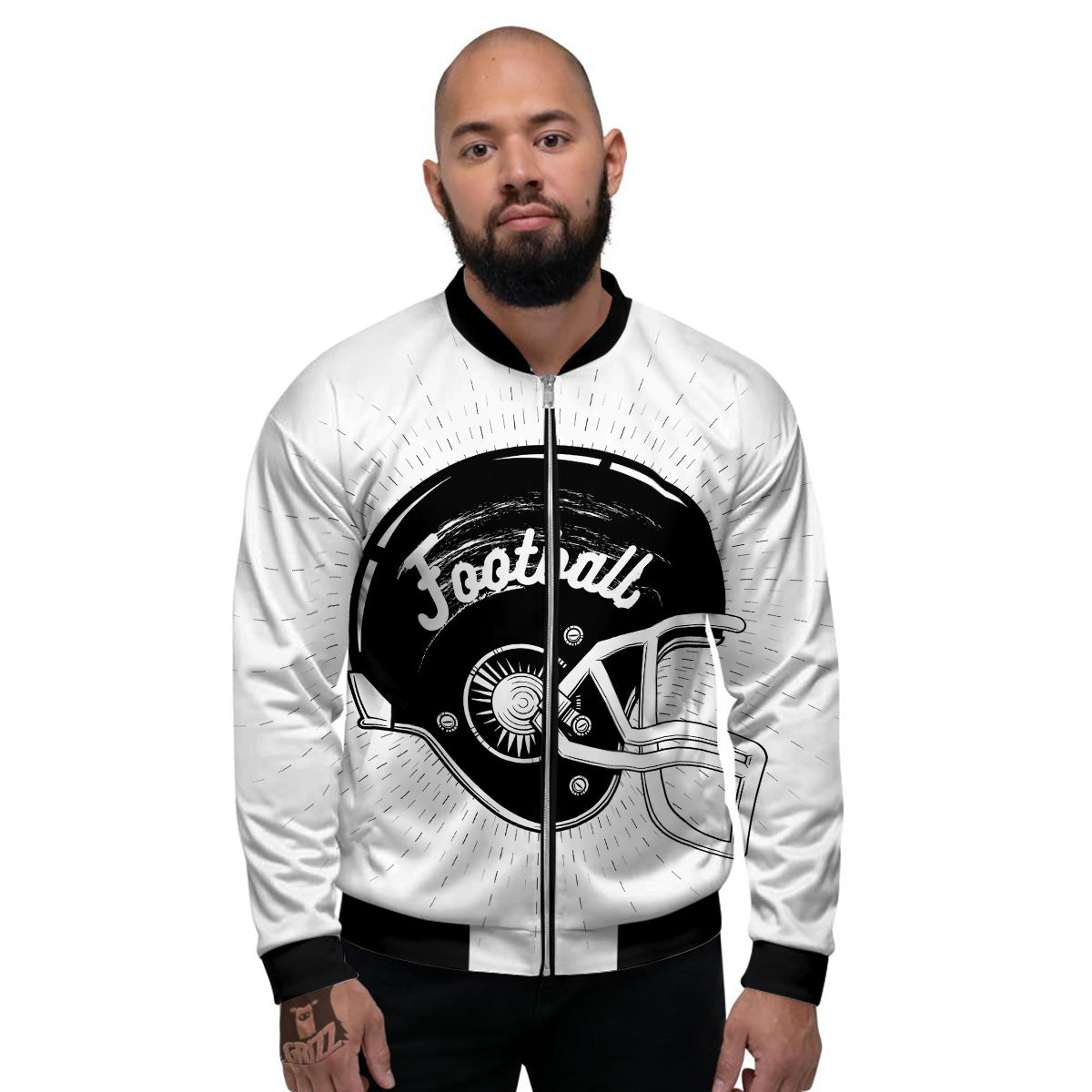 American Football White And Black Print Men's Bomber Jacket-grizzshop