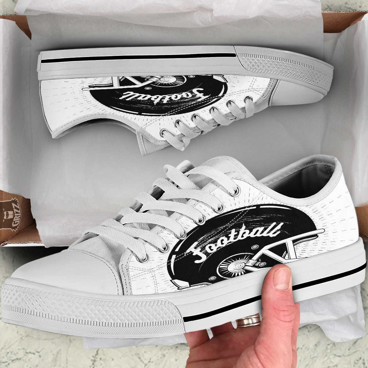 American Football White And Black Print White Low Top Shoes-grizzshop