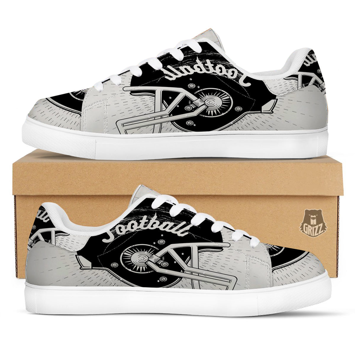 American Football White And Black Print White Low Top Sneakers-grizzshop