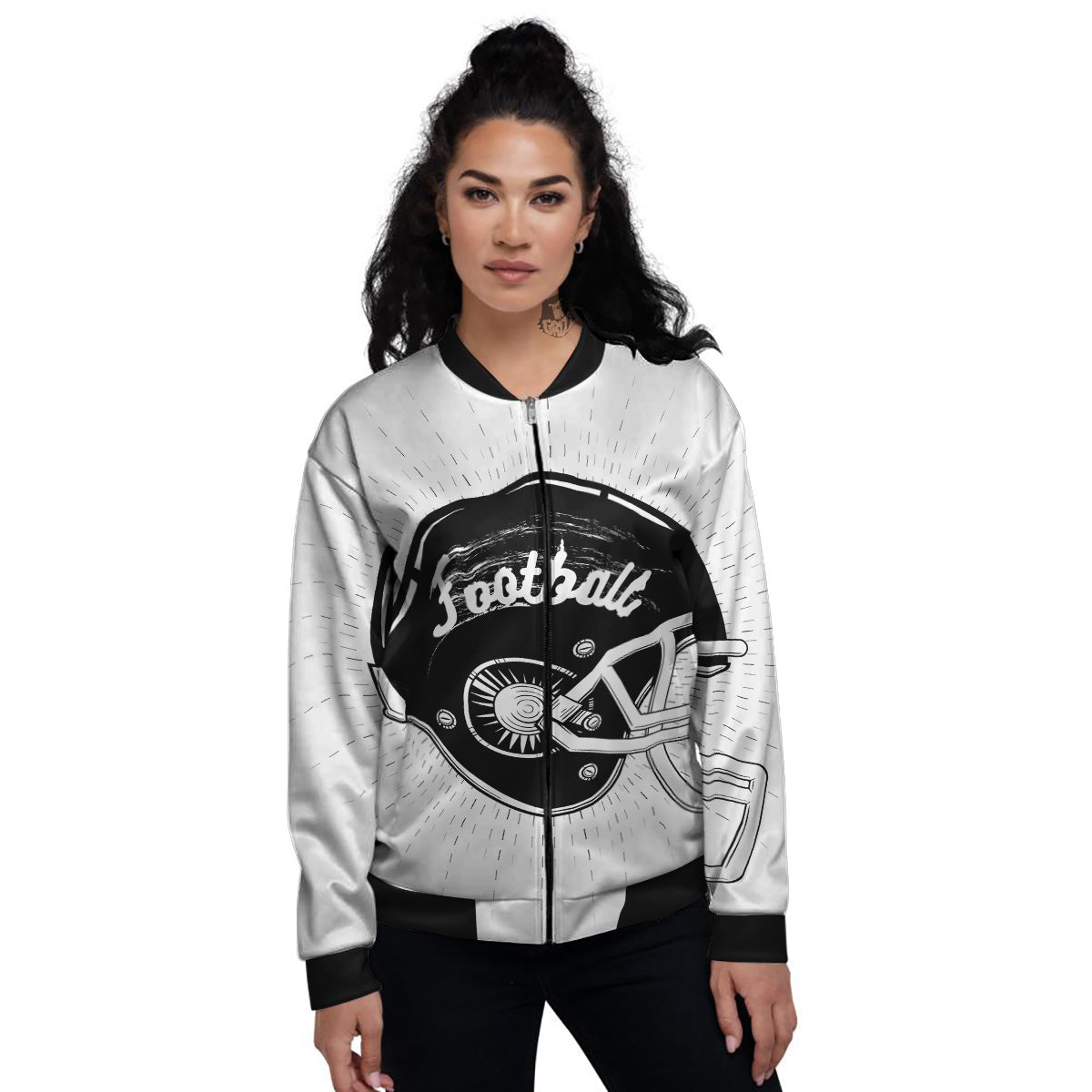 American Football White And Black Print Women's Bomber Jacket-grizzshop